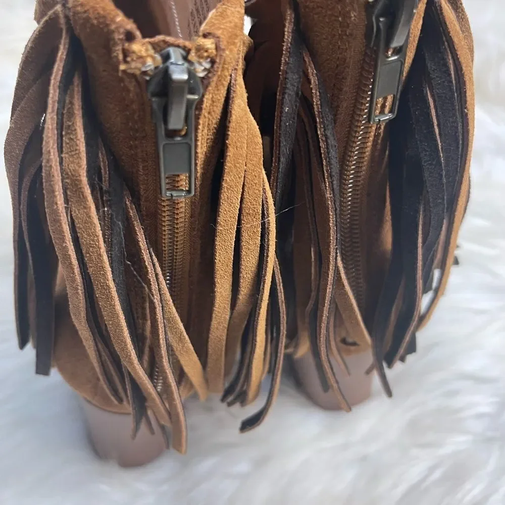 Nine West leather suede Brown Fringe ankle Boots Peep toe back zipper SZ9.5M